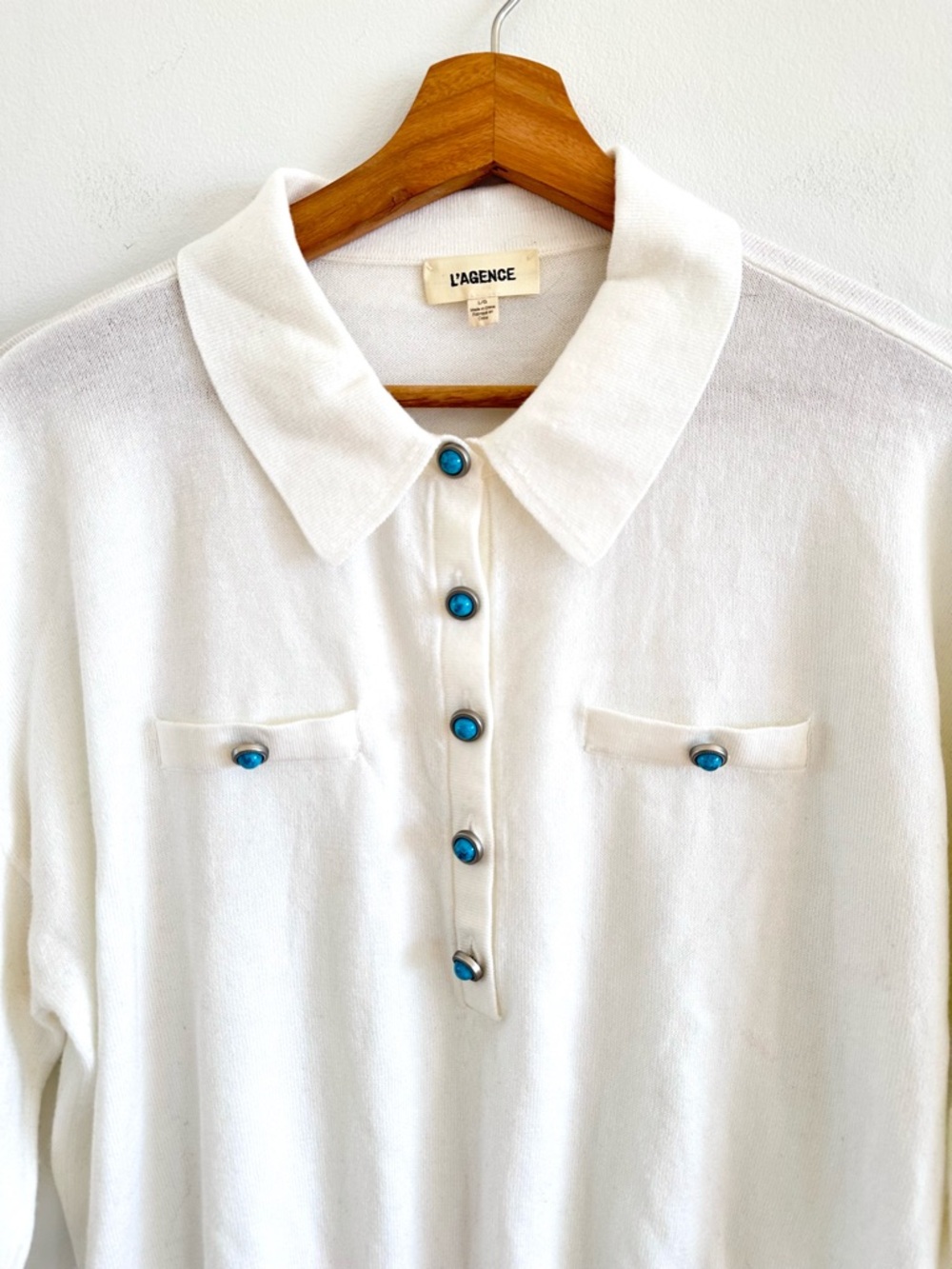 L’agence Masaki White Polo Sweater with turquoise buttons size Large - Picture 5 of 9